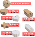 Geschenkanhänger-Set 300-tlg. Kraftpapier Herz Stern Länglihe Ettiketten Kordel