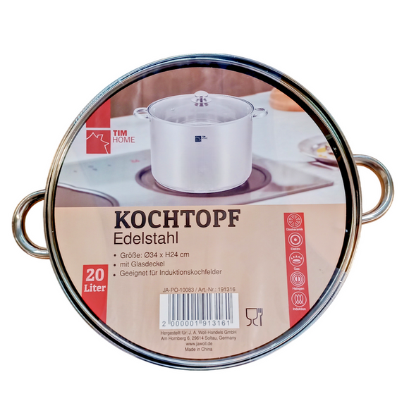 TIM HOME Kochtopf Edelstahl mit Glasdeckel 20 Liter Elektro Gas Induktion