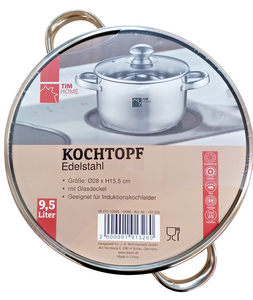 TIM HOME Kochtopf Edelstahl mit Glasdeckel 9,5 Liter Elektro Gas Induktion