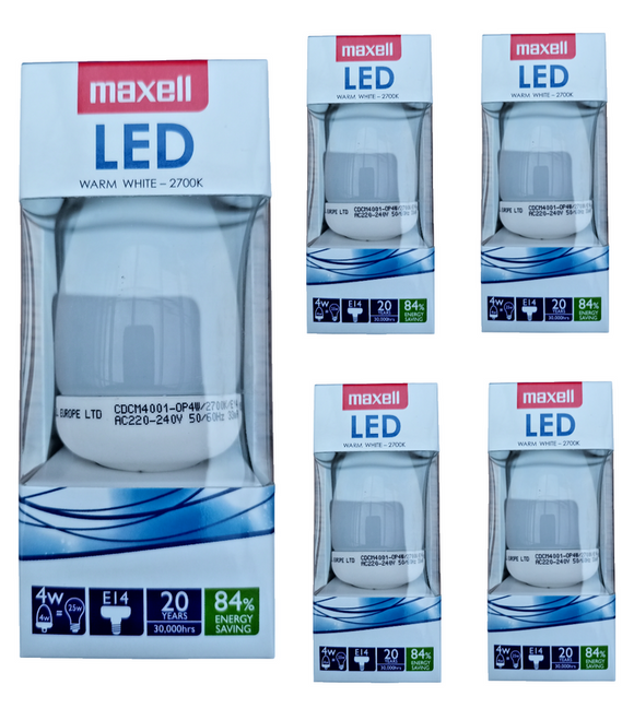 5er Set Maxell LED Birnen 4W E14 300 lm Warm White 2700 K Energieklasse A+