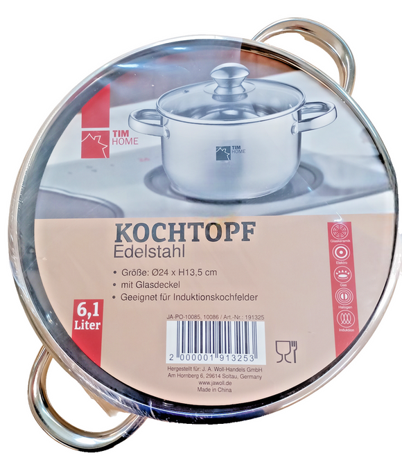 TIM HOME Kochtopf Edelstahl mit Glasdeckel 6,1 Liter Elektro Gas Induktion