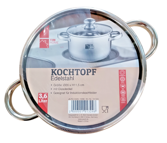 TIM HOME Kochtopf Edelstahl mit Glasdeckel 3,6 Liter Elektro Gas Induktion