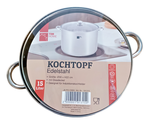 TIM HOME Kochtopf Edelstahl mit Glasdeckel 15 Liter Elektro Gas Induktion
