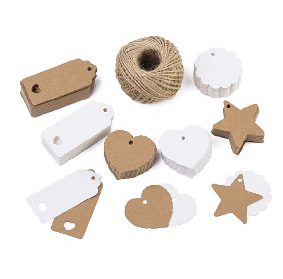Geschenkanhänger-Set 300-tlg. Kraftpapier Herz Stern Länglihe Ettiketten Kordel
