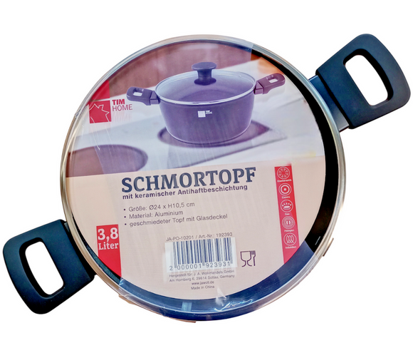 TIM HOME Schmortopf mit Deckel 3,8 Liter Keramik-Antihaft Elektro Gas Induktion