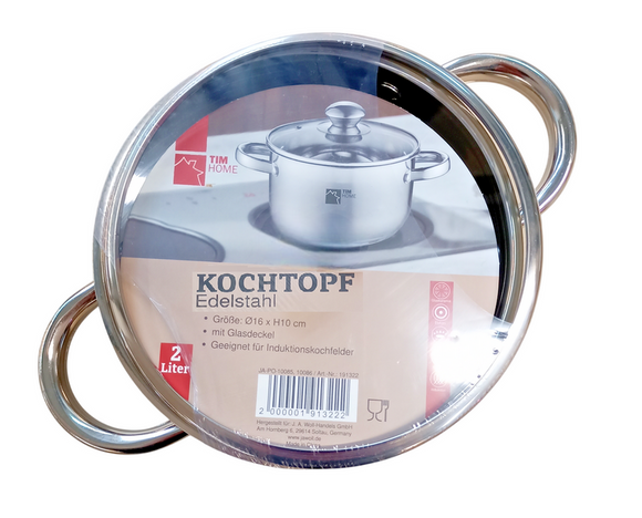 TIM HOME Kochtopf Edelstahl mit Glasdeckel 2 Liter Elektro Gas Induktion